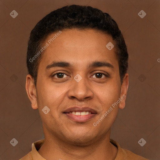 Joyful latino young-adult male with short  brown hair and brown eyes