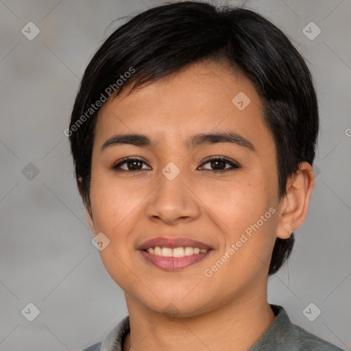 Joyful asian young-adult female with medium  black hair and brown eyes