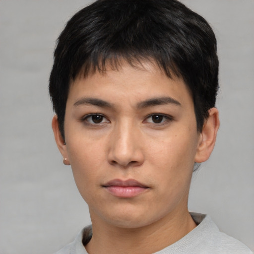 Neutral asian young-adult male with short  black hair and brown eyes