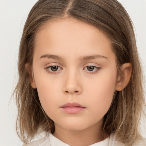 Neutral white child female with long  brown hair and brown eyes