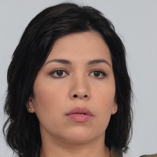 Neutral asian young-adult female with medium  black hair and brown eyes