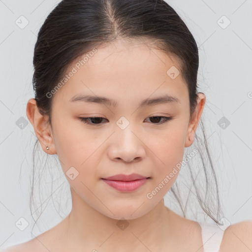 Joyful white child female with medium  brown hair and brown eyes