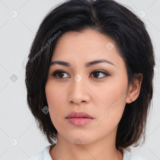 Neutral asian young-adult female with medium  brown hair and brown eyes