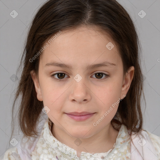 Joyful white child female with medium  brown hair and brown eyes