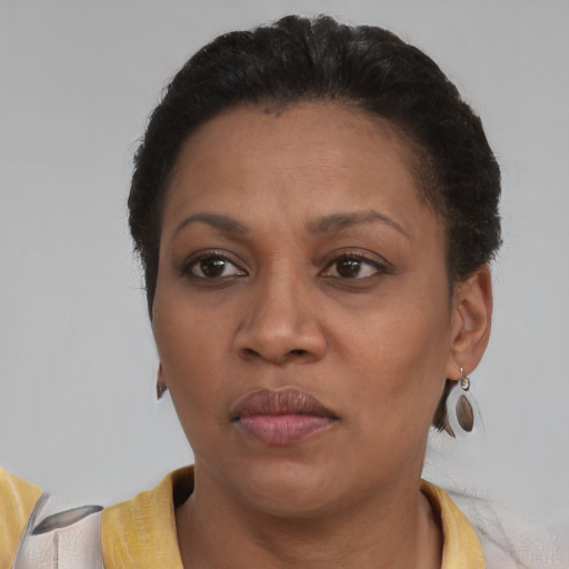 Neutral black adult female with short  brown hair and brown eyes