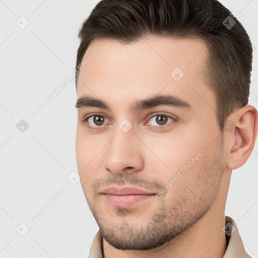 Neutral white young-adult male with short  brown hair and brown eyes