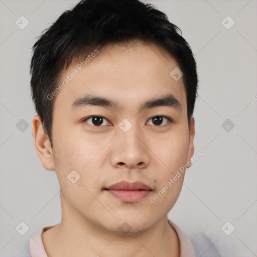 Neutral asian young-adult male with short  black hair and brown eyes