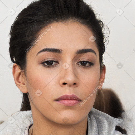 Neutral asian young-adult female with medium  brown hair and brown eyes