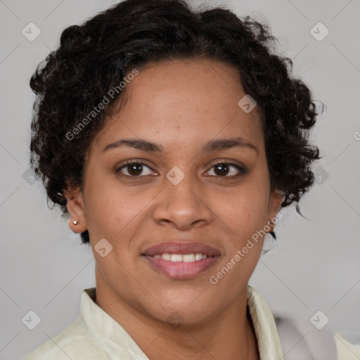 Joyful latino young-adult female with short  brown hair and brown eyes