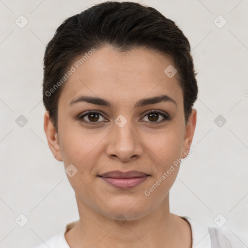 Joyful white young-adult female with short  brown hair and brown eyes