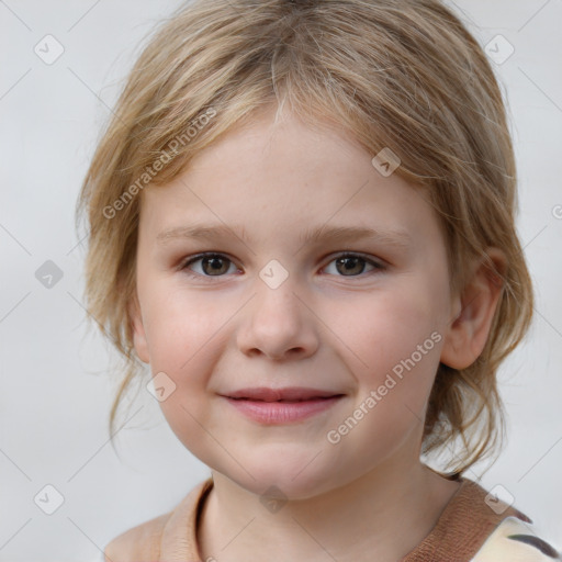 Joyful white child female with medium  brown hair and grey eyes