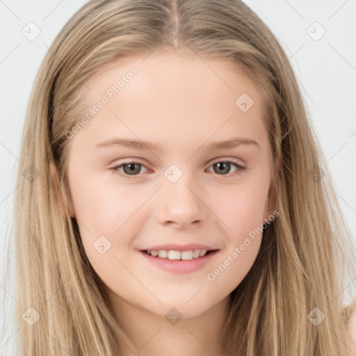 Joyful white child female with long  brown hair and brown eyes