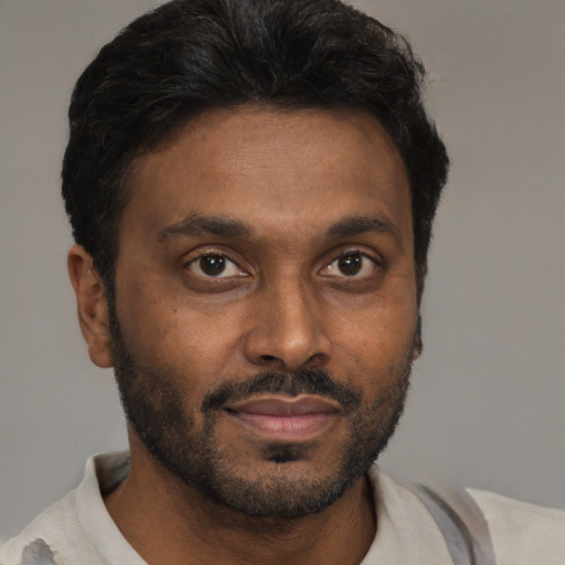 Joyful black young-adult male with short  brown hair and brown eyes