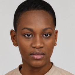 Neutral black young-adult female with short  black hair and brown eyes