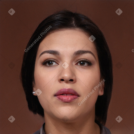 Neutral white young-adult female with long  brown hair and brown eyes