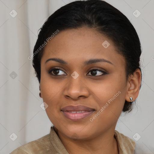 Joyful latino young-adult female with long  brown hair and brown eyes