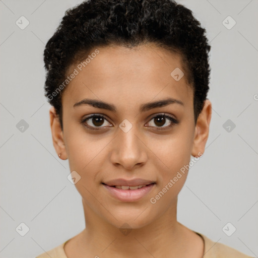 Joyful latino young-adult female with short  brown hair and brown eyes