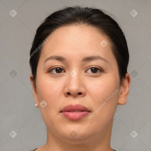 Joyful asian young-adult female with short  brown hair and brown eyes