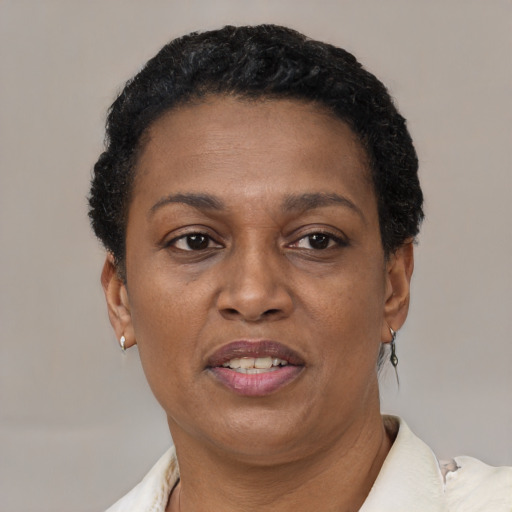 Joyful black adult female with short  brown hair and brown eyes