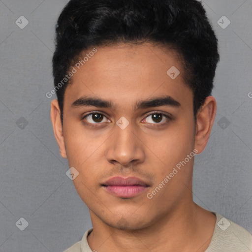 Neutral latino young-adult male with short  black hair and brown eyes