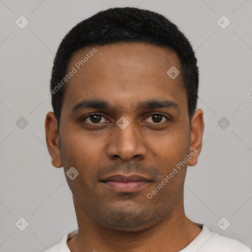 Neutral black young-adult male with short  black hair and brown eyes