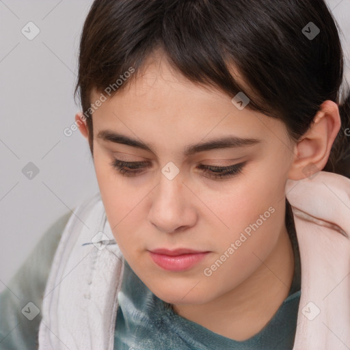 Neutral white young-adult female with medium  brown hair and brown eyes