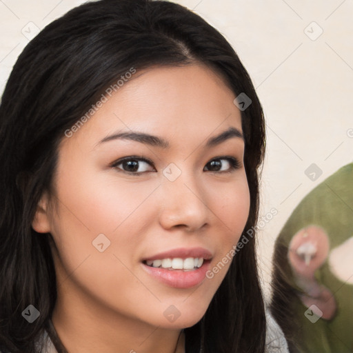 Joyful white young-adult female with long  brown hair and brown eyes