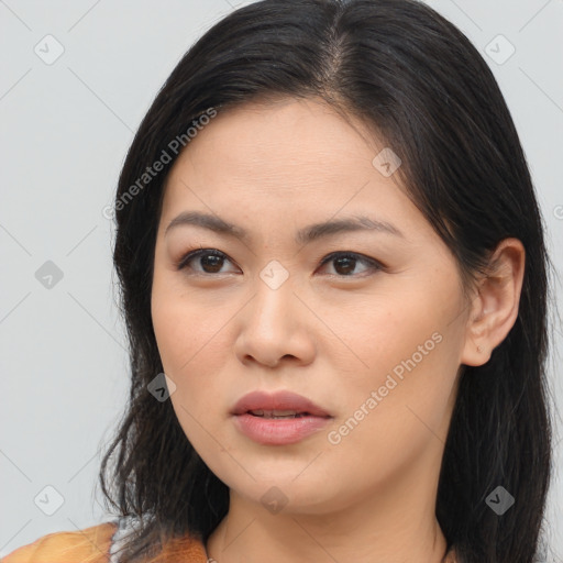 Joyful asian young-adult female with medium  brown hair and brown eyes