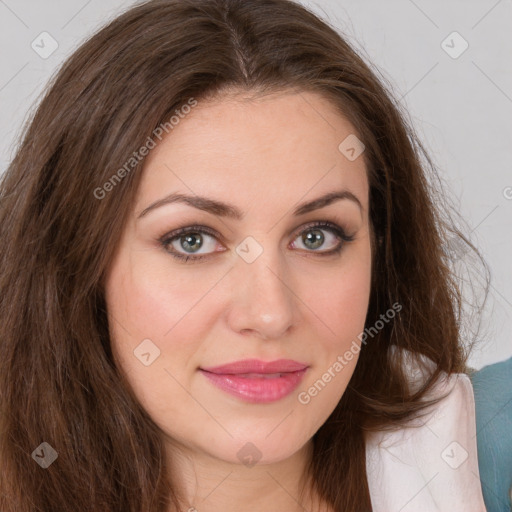 Joyful white young-adult female with long  brown hair and green eyes