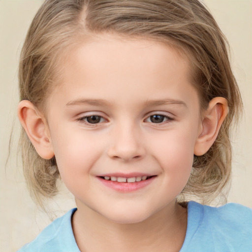 Joyful white child female with medium  brown hair and brown eyes