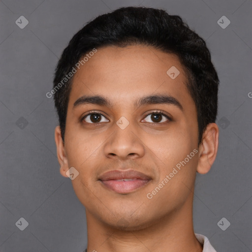 Joyful latino young-adult male with short  black hair and brown eyes
