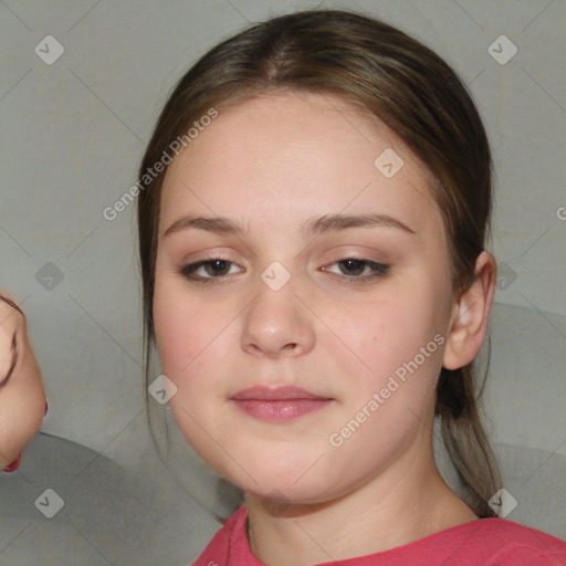 Neutral white young-adult female with medium  brown hair and brown eyes