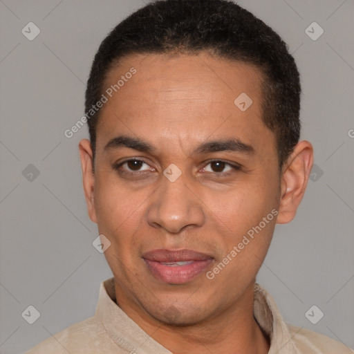 Joyful latino adult male with short  black hair and brown eyes