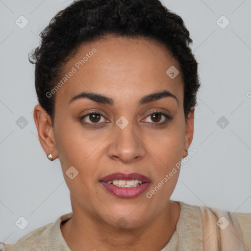 Joyful black young-adult female with short  brown hair and brown eyes