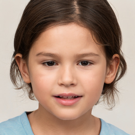 Joyful white child female with medium  brown hair and brown eyes