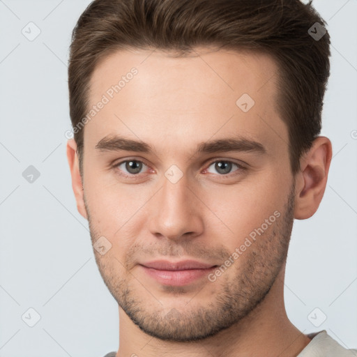 Neutral white young-adult male with short  brown hair and brown eyes