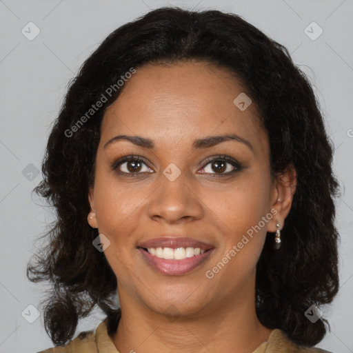 Joyful black young-adult female with medium  brown hair and brown eyes