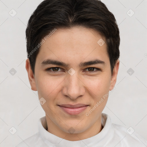 Joyful white young-adult male with short  brown hair and brown eyes