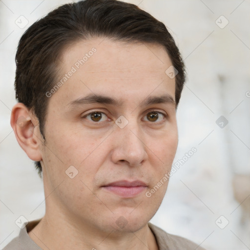 Neutral white young-adult male with short  brown hair and grey eyes