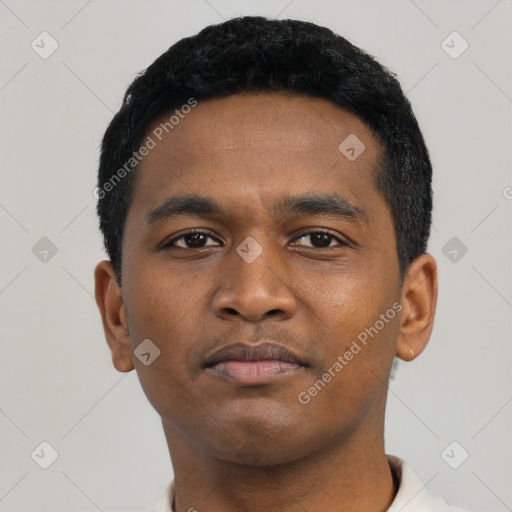 Neutral latino young-adult male with short  black hair and brown eyes