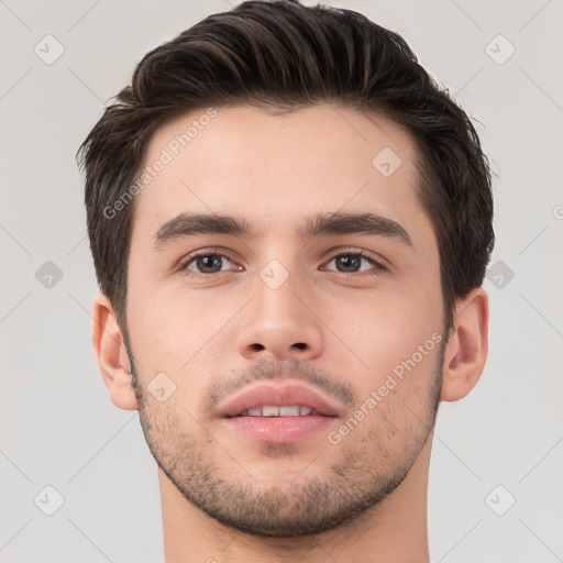 Neutral white young-adult male with short  brown hair and brown eyes