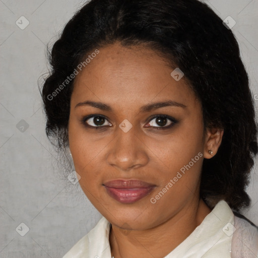 Joyful black young-adult female with medium  brown hair and brown eyes