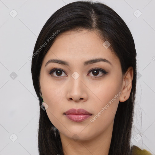 Neutral asian young-adult female with long  brown hair and brown eyes