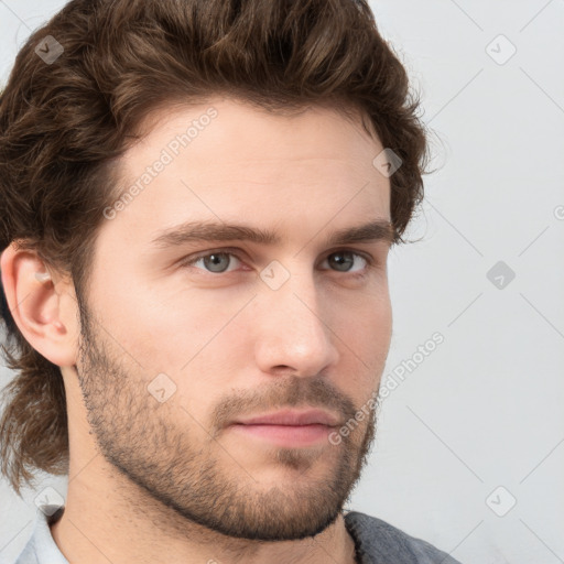 Neutral white young-adult male with short  brown hair and grey eyes