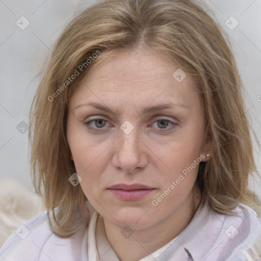 Joyful white adult female with medium  brown hair and blue eyes