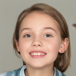 Joyful white child female with medium  brown hair and grey eyes