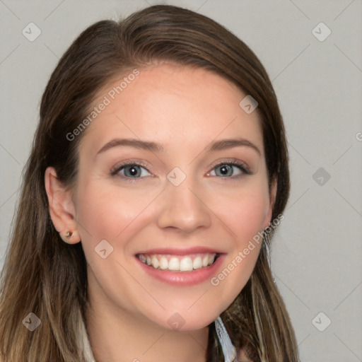 Joyful white young-adult female with long  brown hair and grey eyes