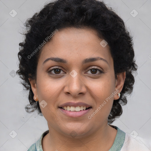 Joyful latino young-adult female with short  brown hair and brown eyes