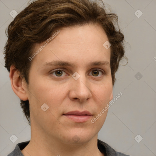 Joyful white adult female with short  brown hair and grey eyes