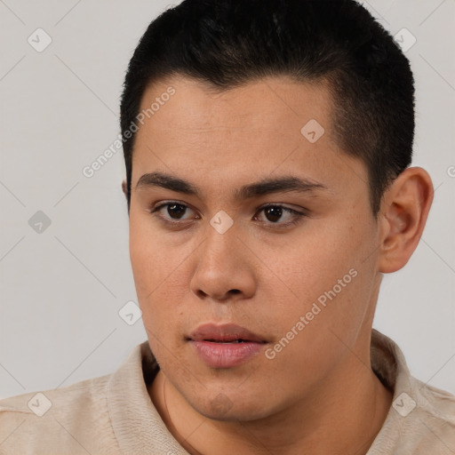 Neutral latino young-adult male with short  black hair and brown eyes